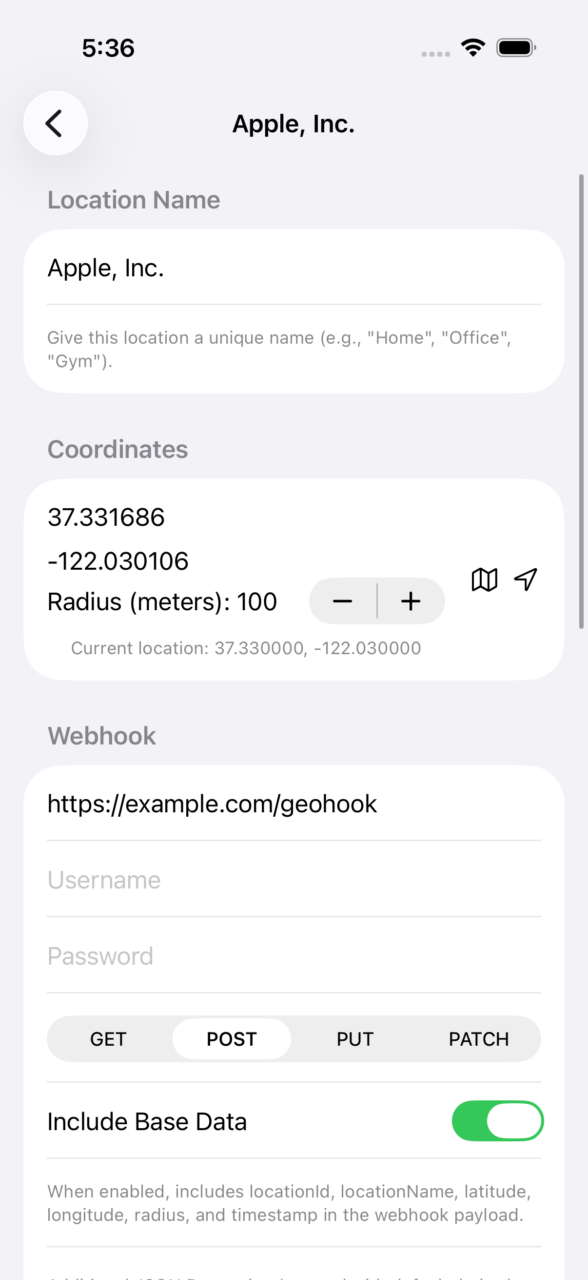 Location Configuration - Set up Apple Park location
